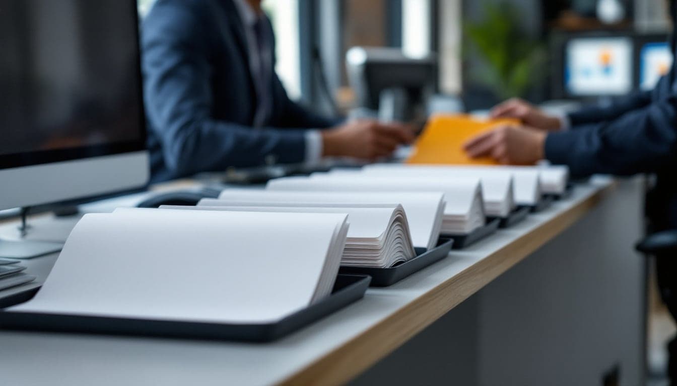 A row of paper trays holding stacks of blank account files along an office desk, with two people in soft focus passing a plain folder behind them