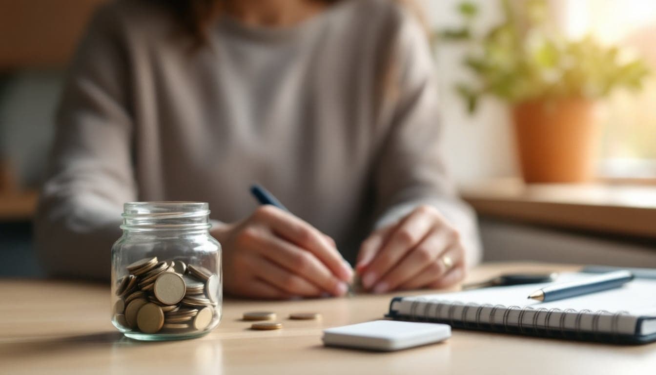A person's hands at a kitchen table beside a glass jar of coins and a blank notebook with a pen, in soft window light with a potted plant behind