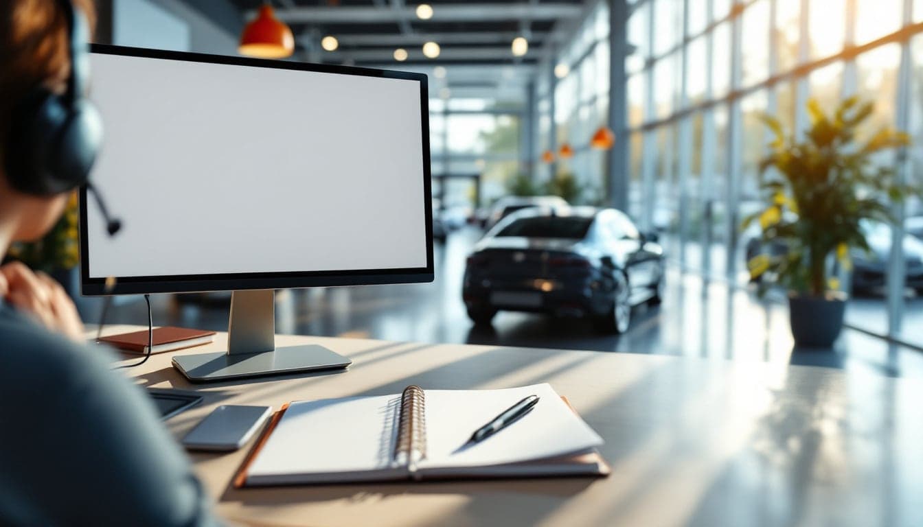 Dealership service drive at early morning with an empty advisor desk, a desk phone and a headset beside a row of parked vehicles