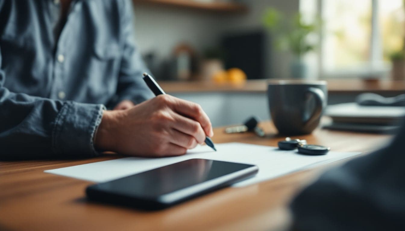 A hand beside a dark mobile phone on a wooden kitchen table, with car keys and a mug nearby and a softly blurred kitchen behind
