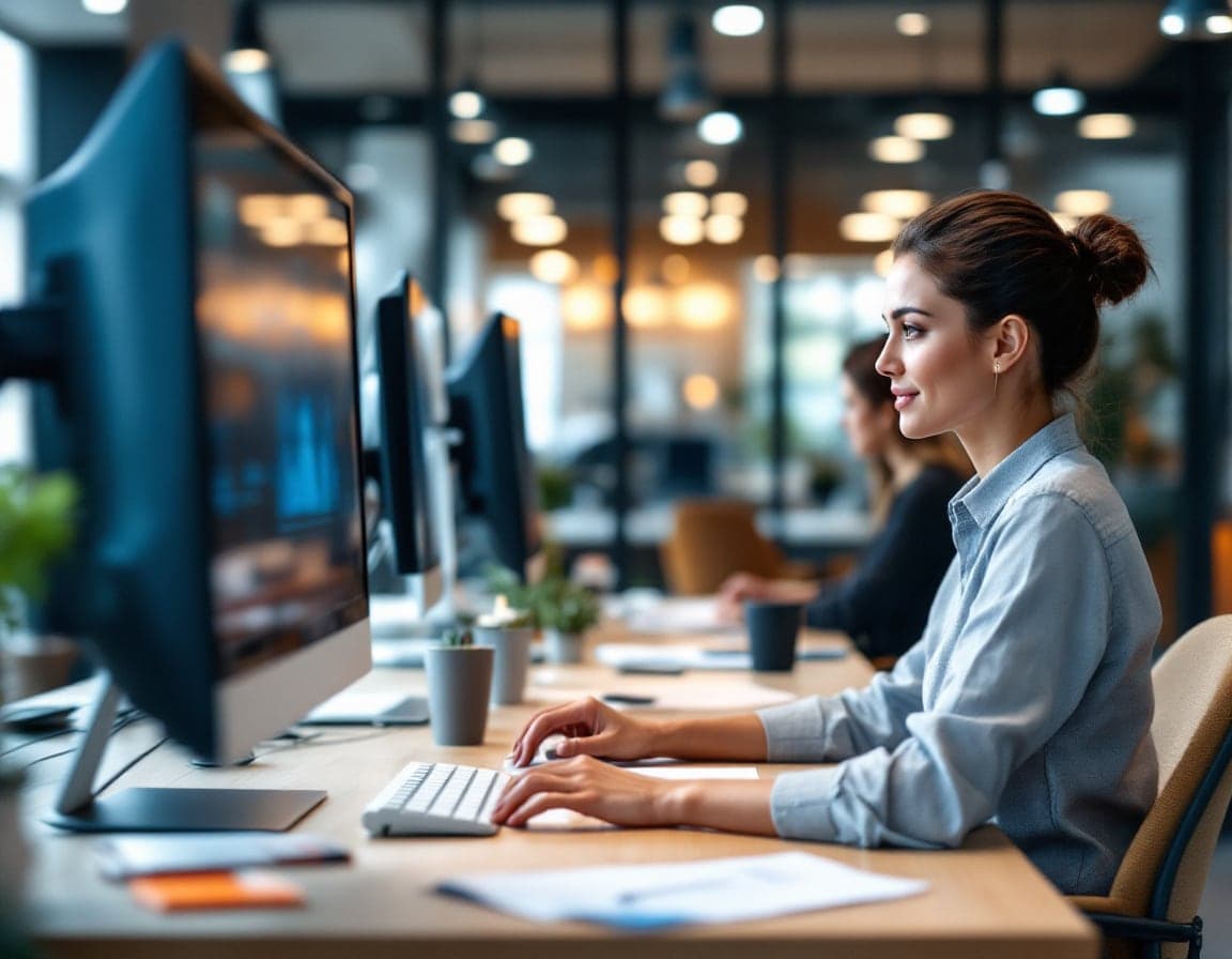 A woman in a light shirt typing at a desk with two monitors in a glass-walled office, a colleague working in soft focus behind her