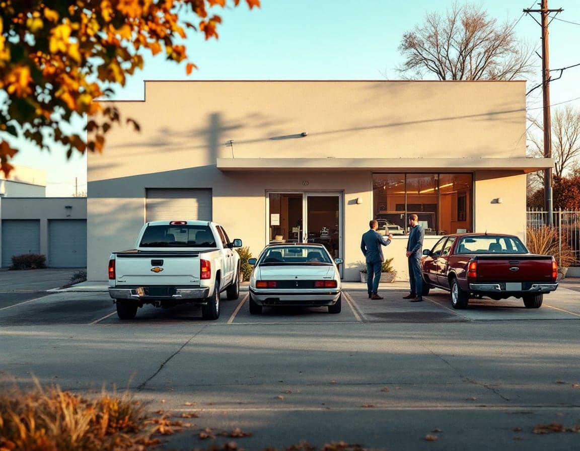 Three parked vehicles in front of a small single-story building with a glass entrance, two people in suits talking beside them in early-morning light