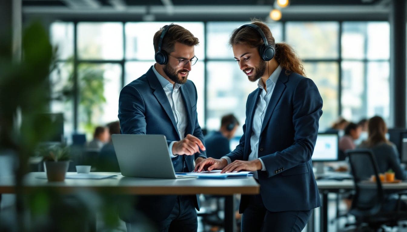 Two people wearing headphones at a standing desk with a laptop and papers, in an open-plan office