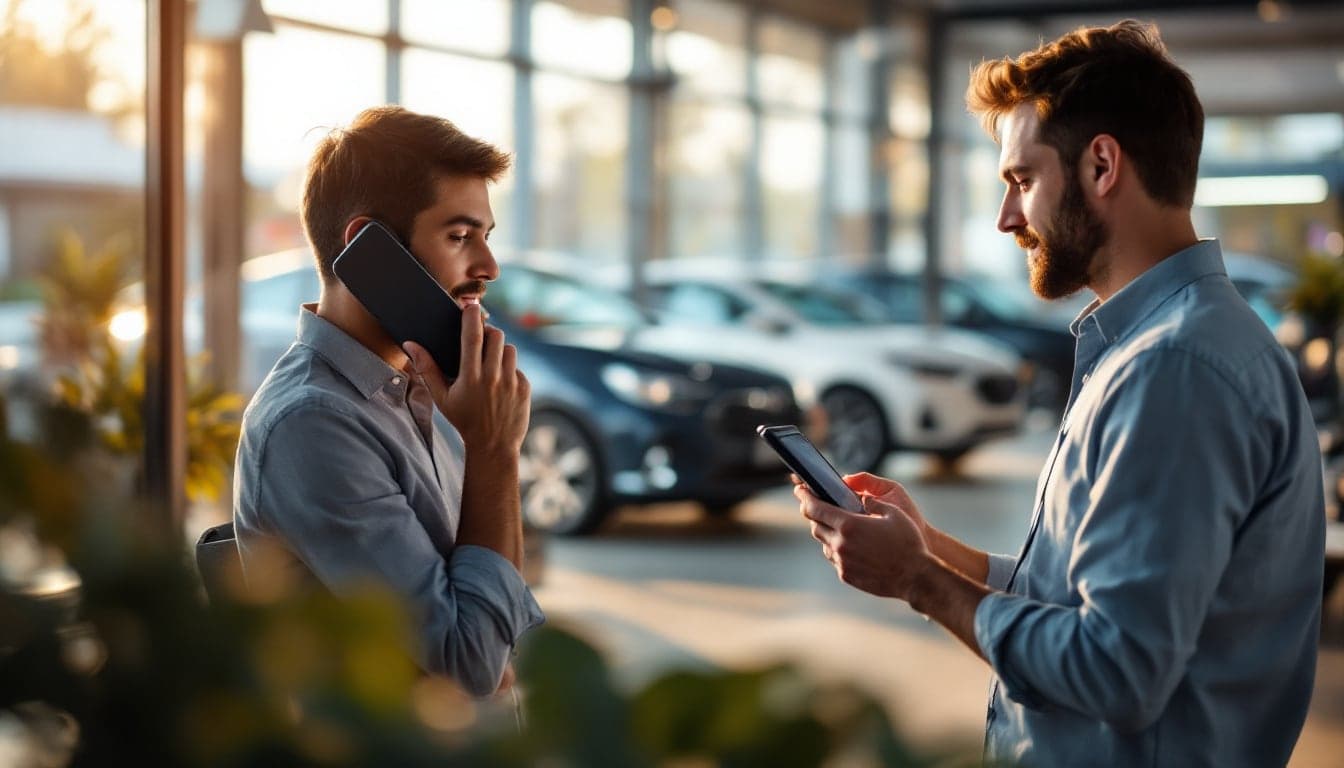 Two men in a car showroom, one on a mobile phone and one reading a phone screen, with cars behind them