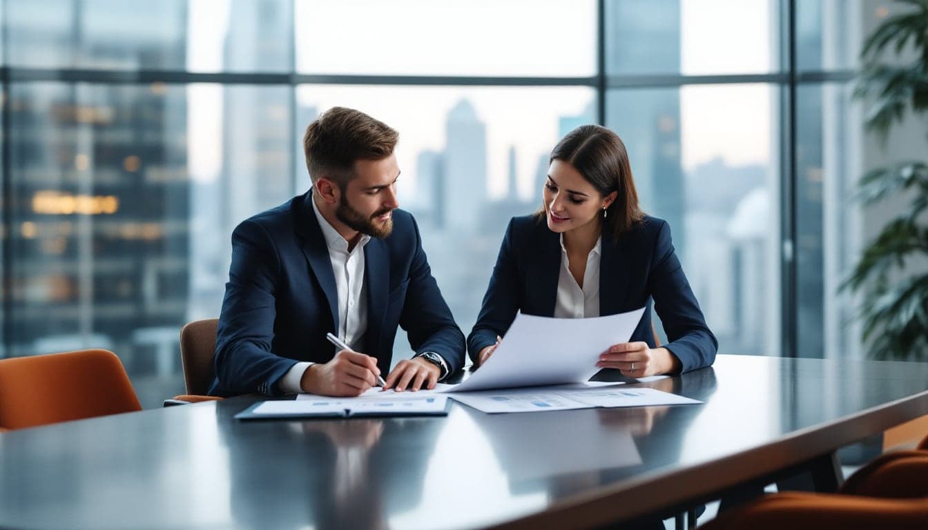 Two people in suits at a meeting room table, one holding a sheet of paper and one a pen, with a city skyline behind them