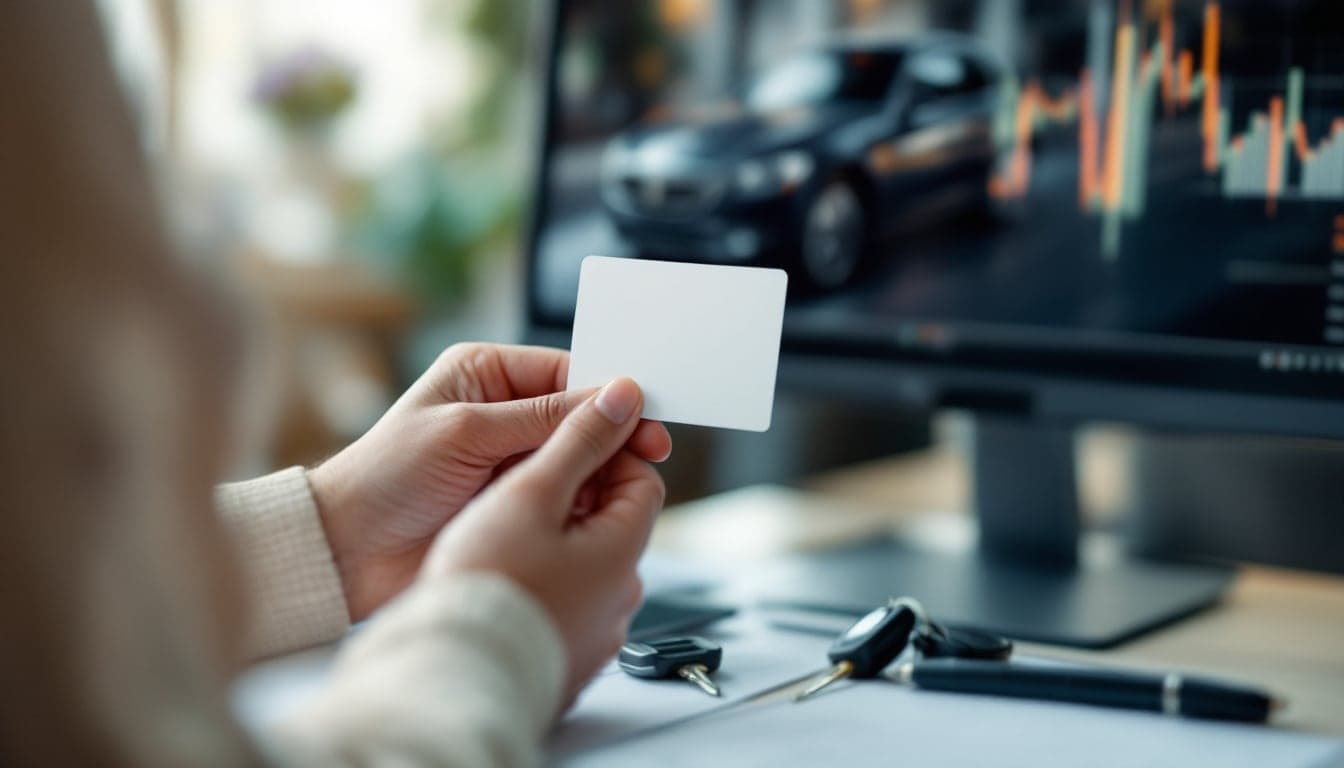 Hands holding a blank white card in front of a monitor showing a car and charts, with car keys on the desk
